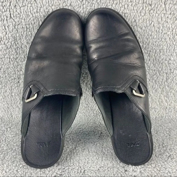 Teva foxy womens 10 Clogs Casual Mule Sandals Black Leather Block Heels Slip on‎ - Picture 6 of 12